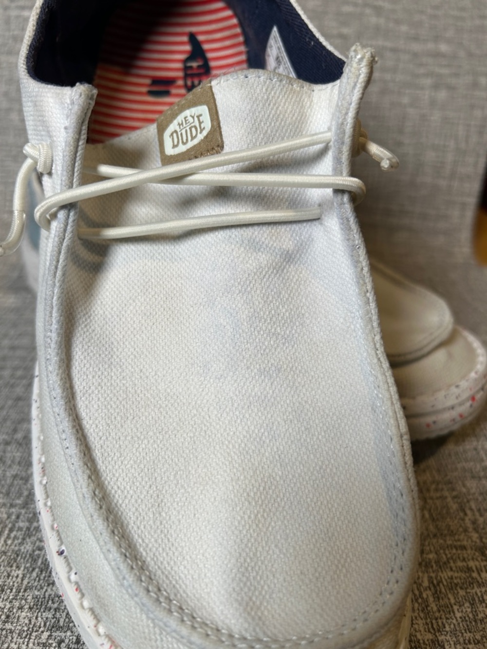 Hey Dude White Canvas Slip-On Boat Shoes with Stars & Stripes Heel size 8 womens - Picture 5 of 15